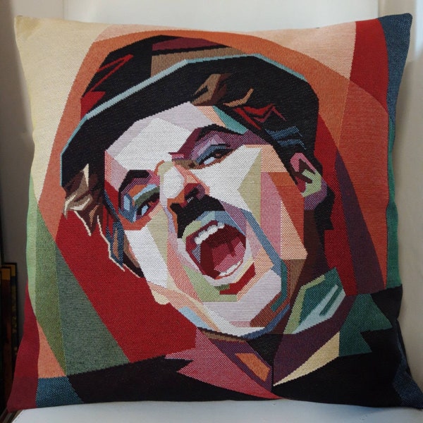 Housse de coussin tapisserie jacquard motif placé Charlie Chaplin  45x45 cm. Déco d'intérieur tendance - crémaillère - anniversaire