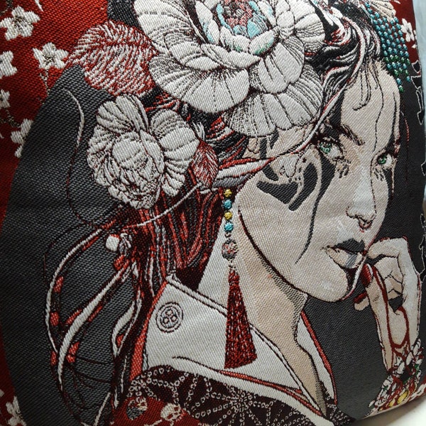 Housse de coussin tapisserie jacquard motif placé geisha 45x45 cm. Déco d'intérieur tendance - coussin déco - crémaillère - anniversaire