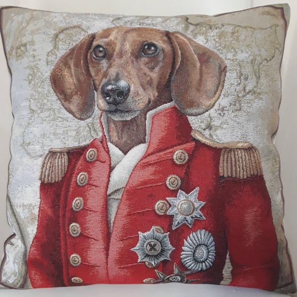 Housse de coussin tapisserie jacquard Chien teckel 45x45 cm. Déco d'intérieur tendance - coussin déco - crémaillère - anniversaire