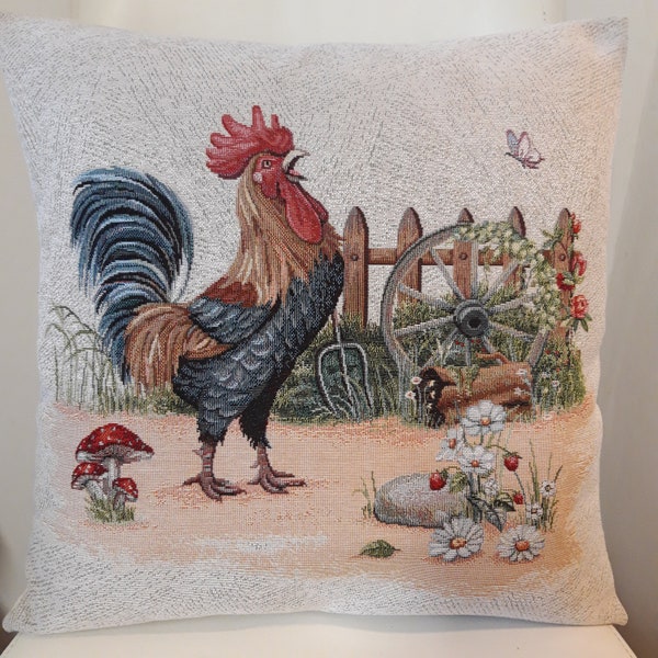 Housse de coussin tapisserie jacquard coq 45x45 cm. Déco d'intérieur tendance - coussin déco - crémaillère - cadeau anniversaire