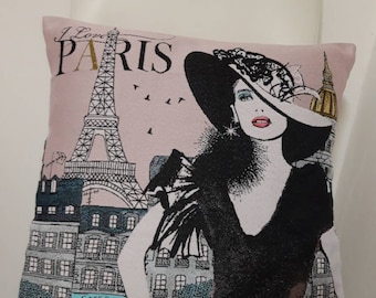 Housse de coussin tapisserie rose "I love Paris" 45 x 45 cm. Deco d'intérieur tendance - coussin tendance - crémaillère - anniversaire