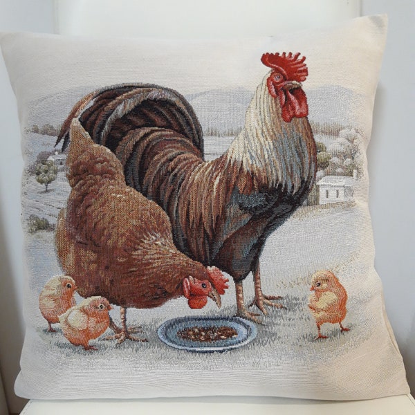 Housse de coussin tapisserie jacquard coq poule poussins 45x45 cm. Déco d'intérieur tendance - coussin déco - crémaillère - anniversaire