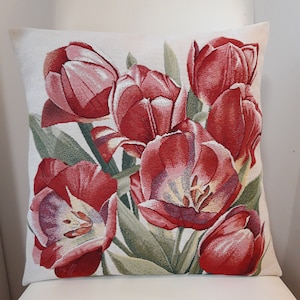 Fodera per cuscino arazzo jacquard crema "bouquet di tulipani rossi" 45x45 cm. Cuscino decorativo - decorazione d'interni - festa della mamma