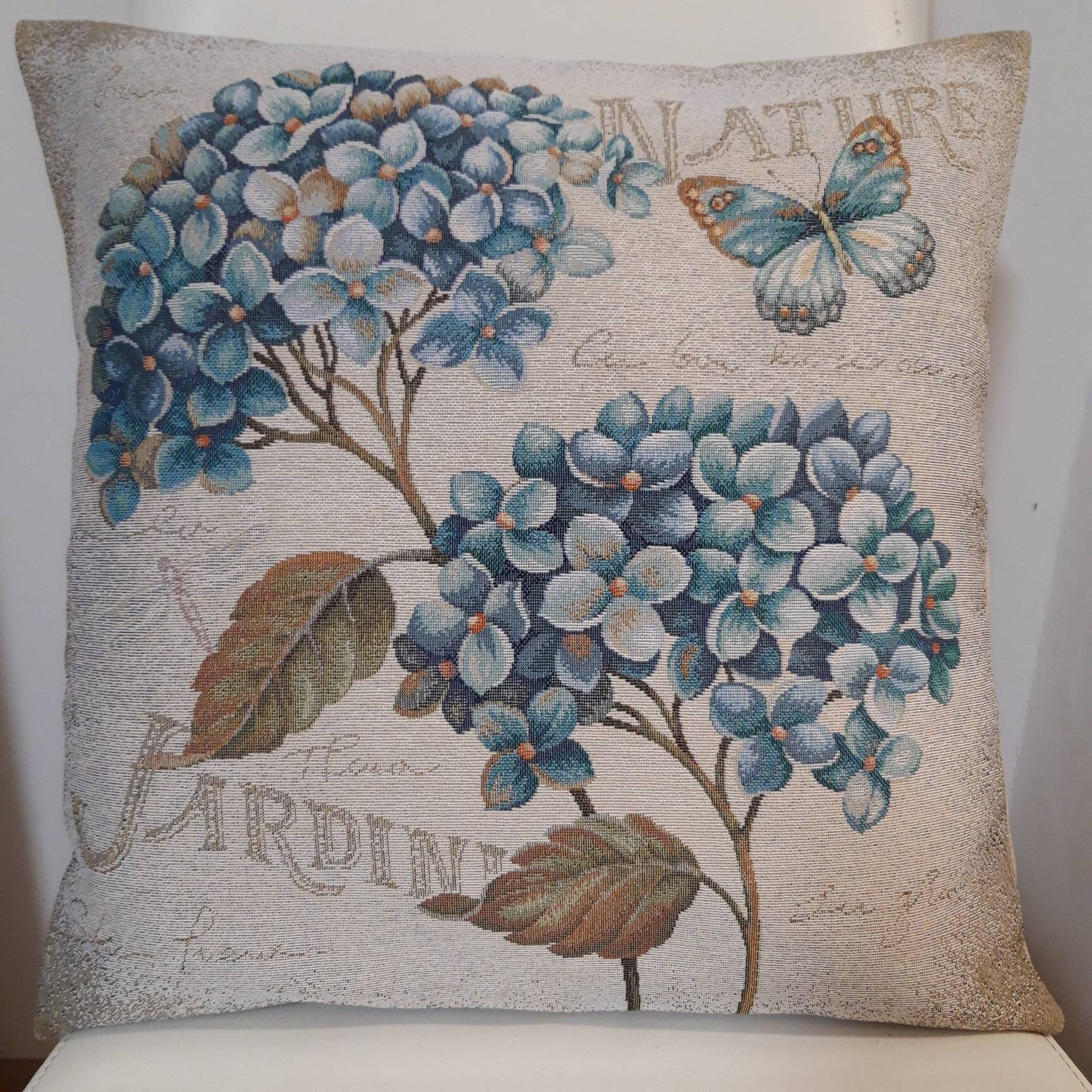 Housse de Coussin Tapisserie Jacquard Fleurs d'hortensias 45x45 cm. Coussin Décoratif - Déco d'intér