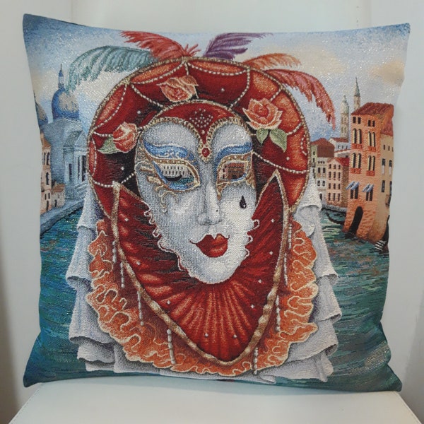 Housse de coussin tapisserie jacquard masque Venise 2 scintillant 45x45 cm Déco intérieur tendance- coussin déco - crémaillère- anniversaire