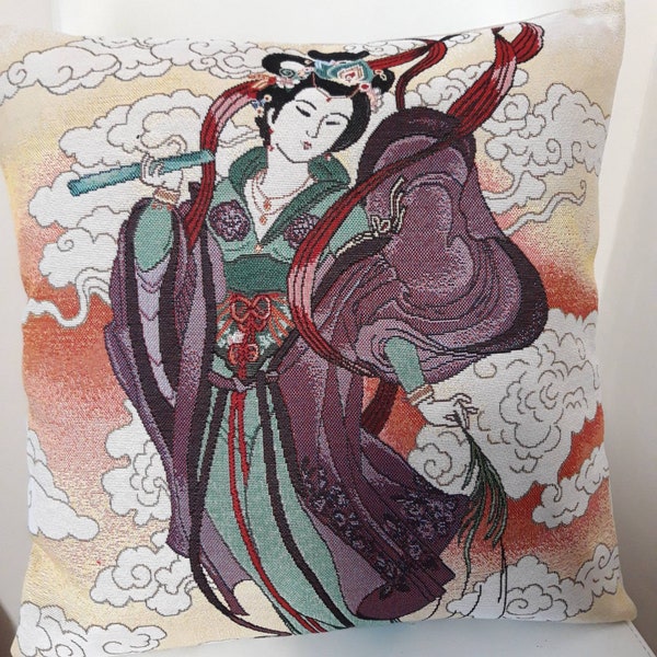 Housse de coussin tapisserie jacquard geisha robe violette 45x45 cm. Déco tendance - coussin déco - crémaillère - anniversaire