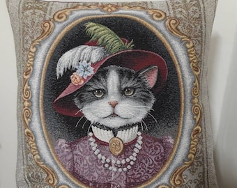 Jacquard tapestry cushion cover with a cat motif, 45x45 cm. Trendy home decor - decorative cushion - housewarming - birthday
