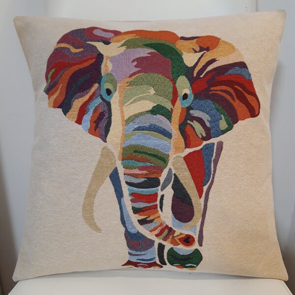 Housse de coussin tapisserie jacquard éléphant 45x45 cm Déco d'intérieur tendance - coussin déco - crémaillère - anniversaire