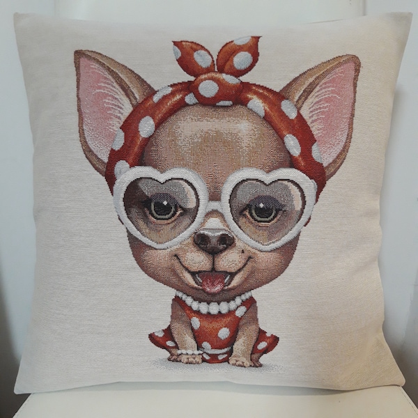 Housse de coussin tapisserie jacquard chihuahua à lunettes-  Deco d'intérieur tendance  - coussin déco - crémaillère - anniversaire