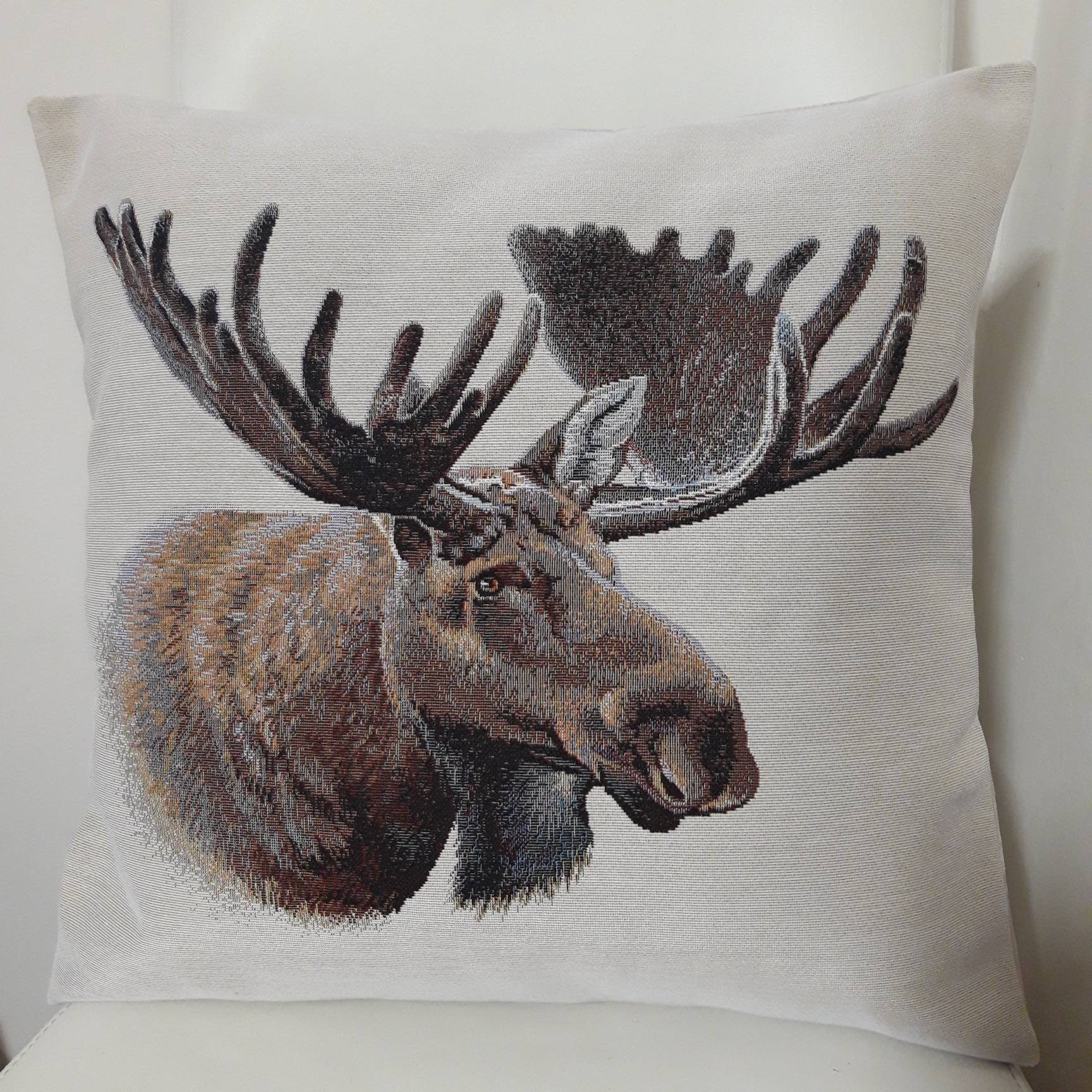 Housse de Coussin Tapisserie Jacquard Crème Motif Placé Élan 45x45 cm. Déco d'intérieur Tendance - C