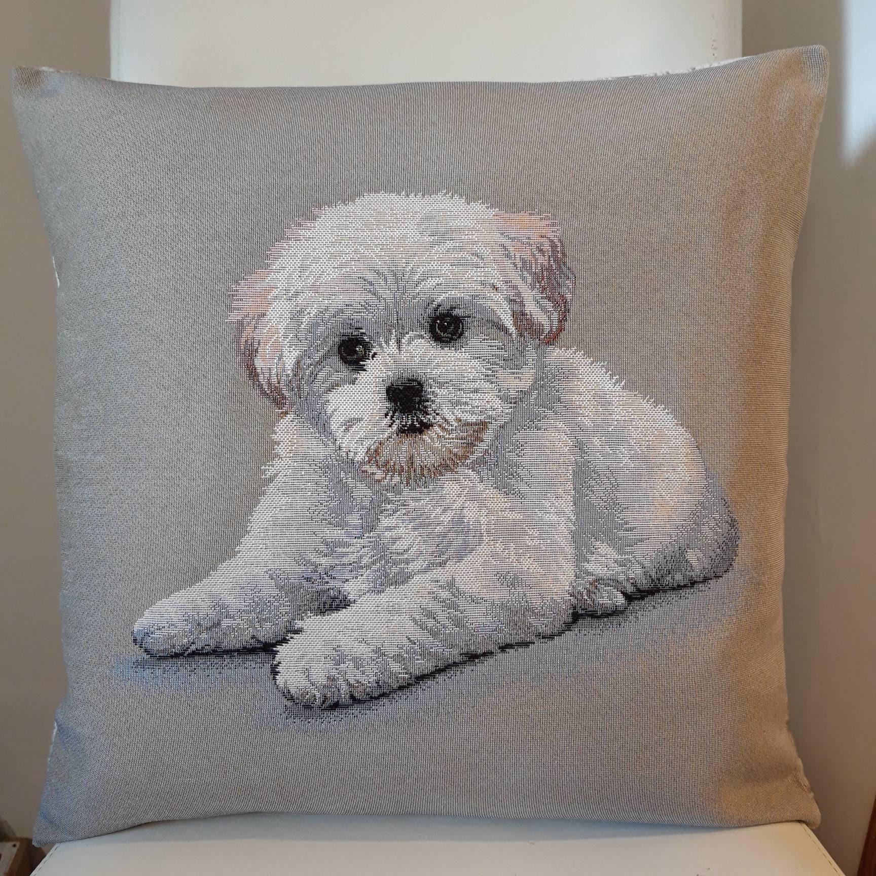 Housse de Coussin Tapisserie Jacquard Chien Bichon 45x45 cm. Déco d'intérieur Tendance - Déco Crémai
