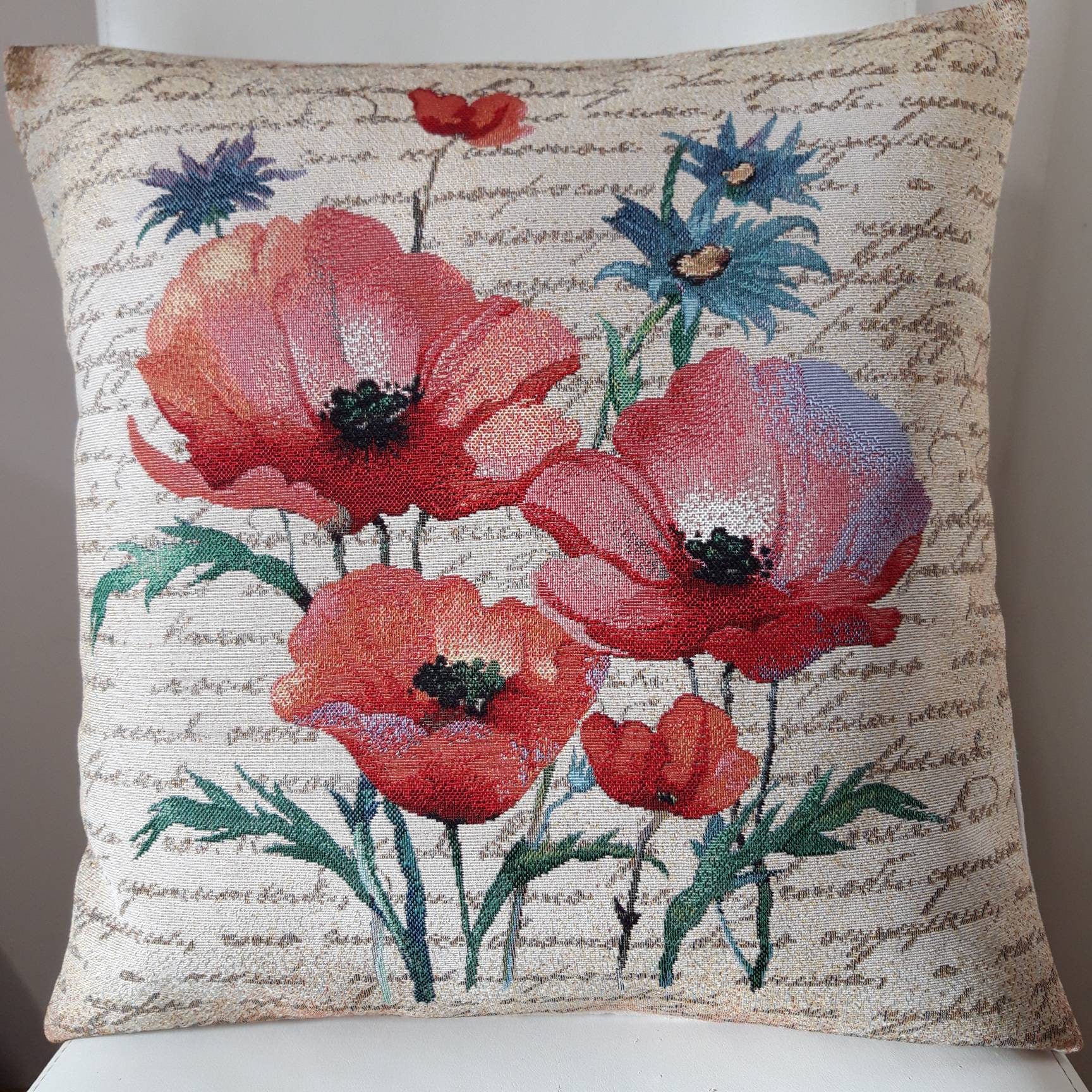 Housse de Coussin Tapisserie Jacquard Crème Motif Placé Coquelicots 45x45 cm. Déco d'intérieur - Déc