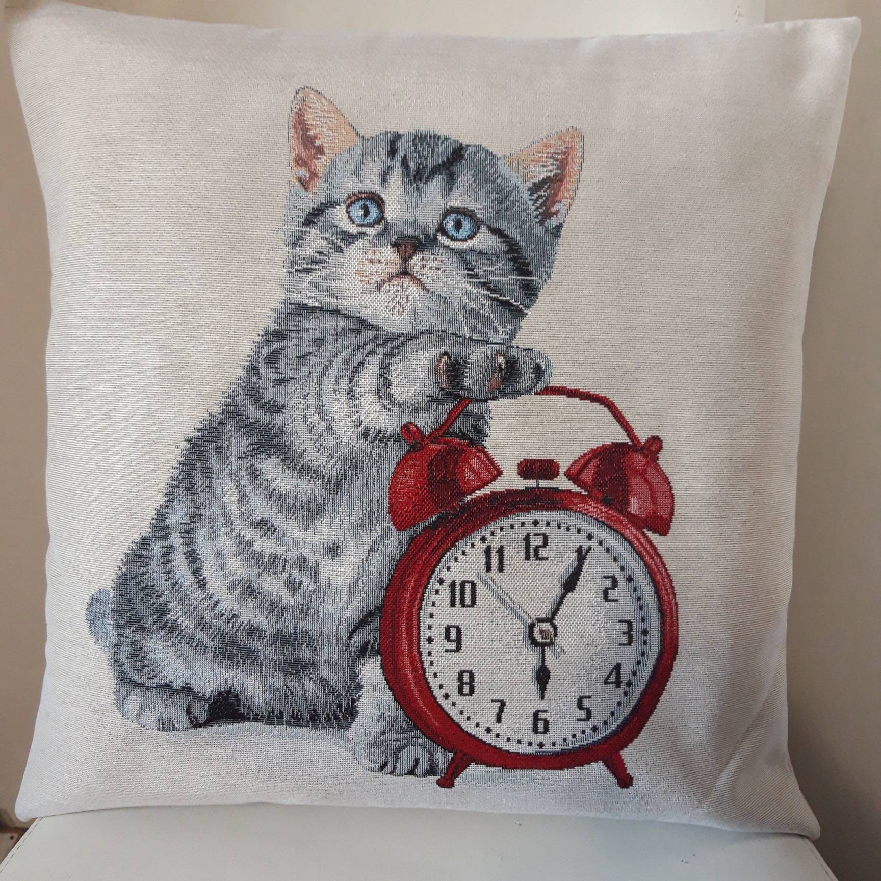 Housse de Coussin Tapisserie Jacquard Le Chaton & Réveil 45x45 cm Déco d'intérieur Tendance Déco - C