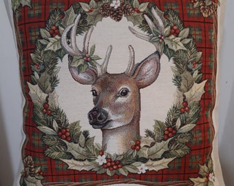 Housse de coussin tapisserie jacquard chevreuil de Noël 45x45 cm. Déco d'intérieur tendance - coussin déco - crémaillère - anniversaire