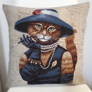 猫柄を配置したクリーム色のジャガードタペストリークッションカバー45x45cm。トレンディな装飾 - 装飾クッション - 新築祝い - 誕生日