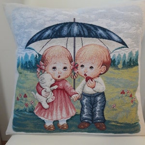 Jacquard tapestry cushion cover Children with umbrella 45x45 cm. Trendy interior decoration - decorative cushion - housewarming - birthday