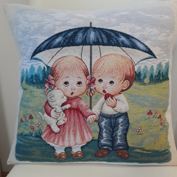 Housse de coussin tapisserie jacquard Enfants au parapluie 45x45 cm. Déco d'intérieur tendance - coussin déco - crémaillère - anniversaire