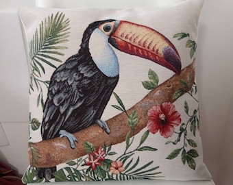 Jacquard tapestry cushion cover toucan on a branch 45 x 45 cm. Trendy interior decoration - decorative cushion - housewarming - birthday