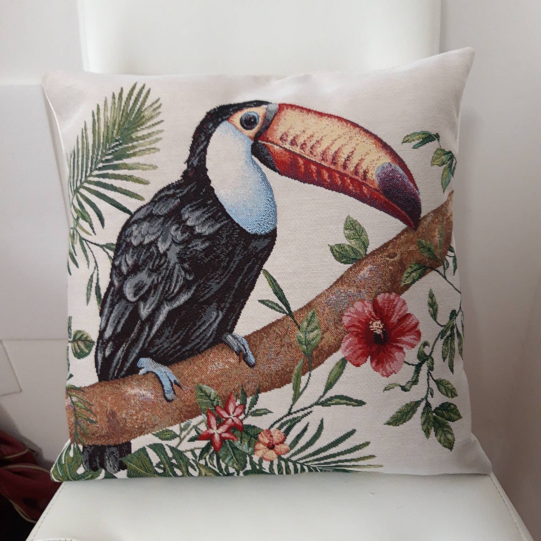 Housse de Coussin Tapisserie Jacquard Toucan sur Une Branche 45 X cm. Deco d'intérieur Tendance- Déc