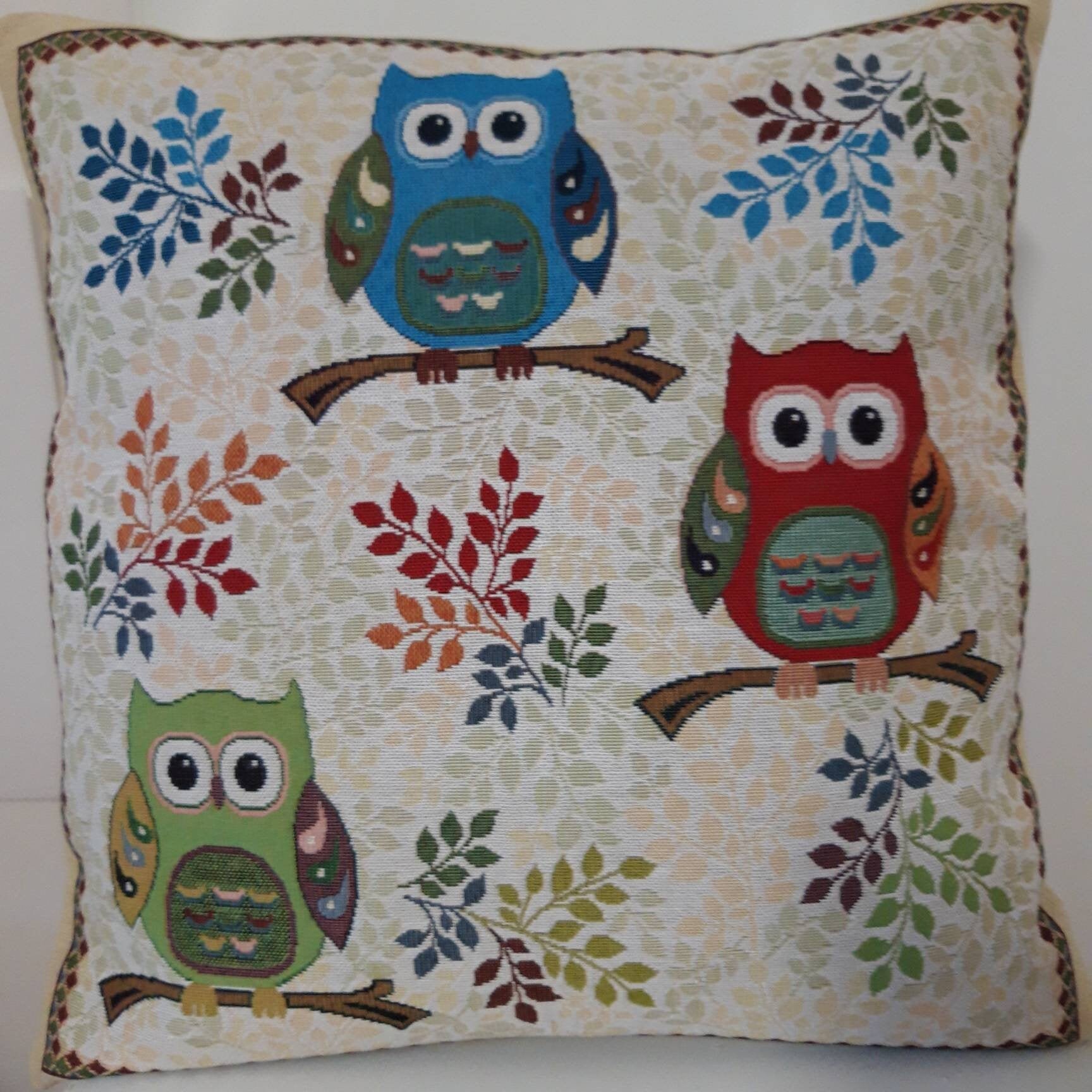 Housse de Coussin Tapisserie Jacquard Crème Hiboux 45x45 cm. Déco d'intérieur Tendance - Déco Crémai