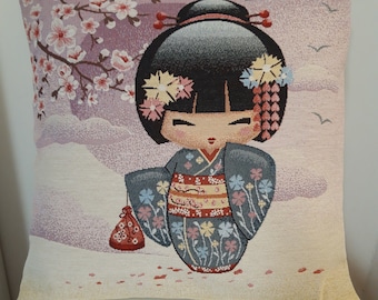 Japanese cherry kokeshi doll jacquard tapestry cushion cover 45 x 45 cm. Trendy interior decoration - housewarming - birthday