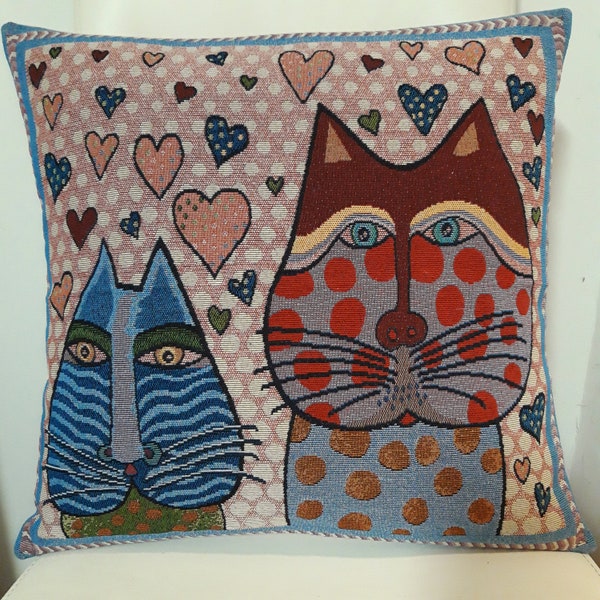 Housse de coussin tapisserie chats stylisés "Les Amoureux" 45x45 cm. Déco d'intérieur - coussin déco - crémaillère - anniversaire