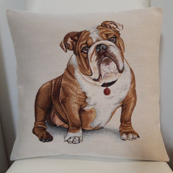 Housse de coussin tapisserie jacquard bouledogue anglais 45x45 cm. Déco d'intérieur tendance - coussin déco - crémaillère - anniversaire