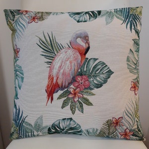 Housse de coussin tapisserie jacquard flamant rose 45 x 45 cm. Deco d'intérieur tendance - coussin déco - crémaillère - anniversaire