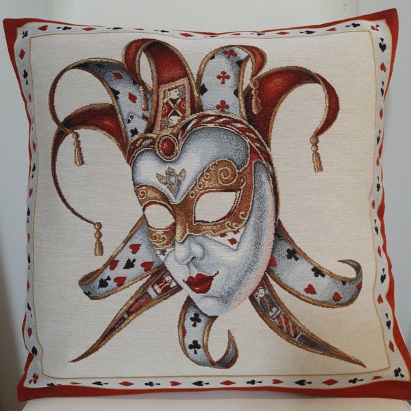 Housse de coussin tapisserie jacquard masque de Venise 3 45x45 cm. Déco d intérieur tendance - coussin déco - crémaillère - anniversaire