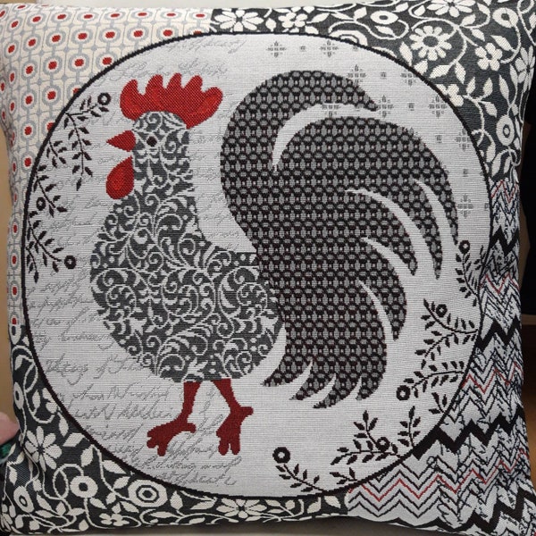 Housse de coussin tapisserie jacquard décor "coq majestueux" 45x45 cm. Déco tendance - coussin déco - crémaillère - anniversaire