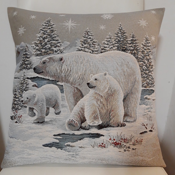 Housse de coussin tapisserie jacquard "Famille d ours" 45x45 cm. Déco d'intérieur tendance - crémaillère - anniversaire