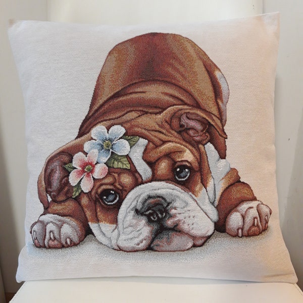 Housse de coussin tapisserie jacquard bouledogue fleurs Deco d'intérieur tendance  - coussin déco - crémaillère  - anniversaire