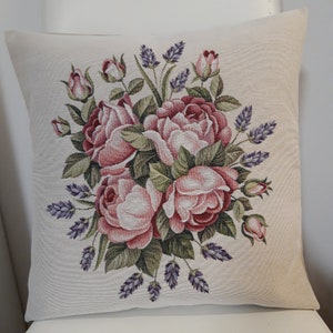 Jacquard tapestry cushion cover with a bouquet of roses, 45 x 45 cm. Trendy interior design - decorative cushion for housewarmings - birthdays