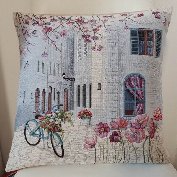 Housse de coussin tapisserie jacquard "au printemps" 45 x 45 cm Deco d'intérieur tendance - coussin décoratif - crémaillère - anniversaire