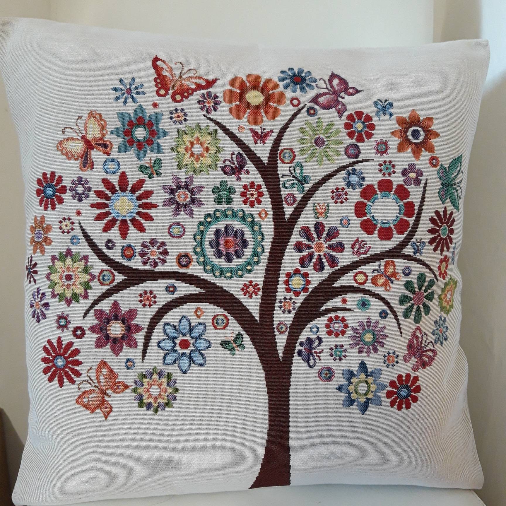 Housse de Coussin Tapisserie Jacquard Crème Arbre Vie 45x45 cm. Déco d'intérieur Tendance - Déco Cré