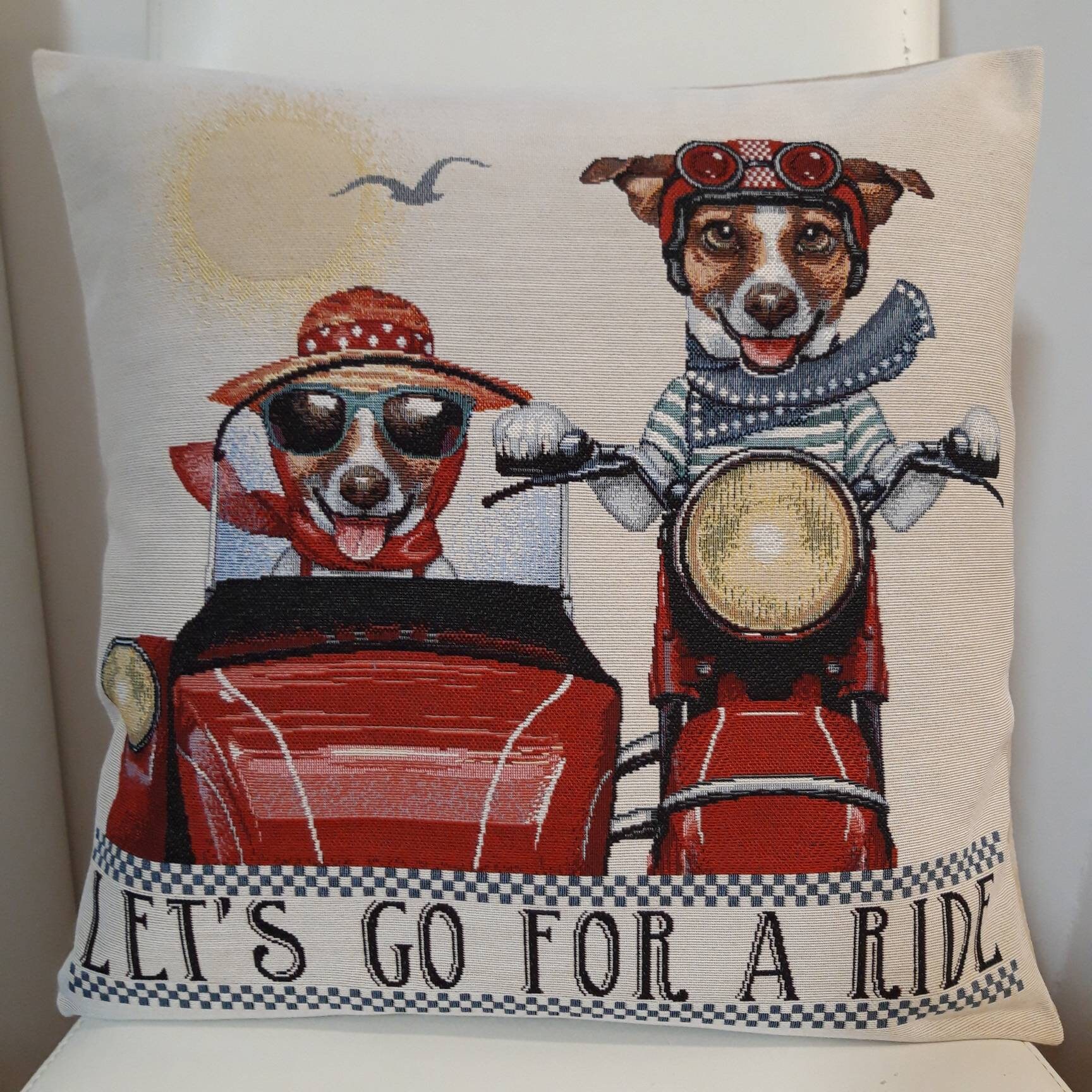 Housse de Coussin Tapisserie Jacquard Jack Russel en Side-Car 45 X cm Déco d'intérieur Tendance - Dé