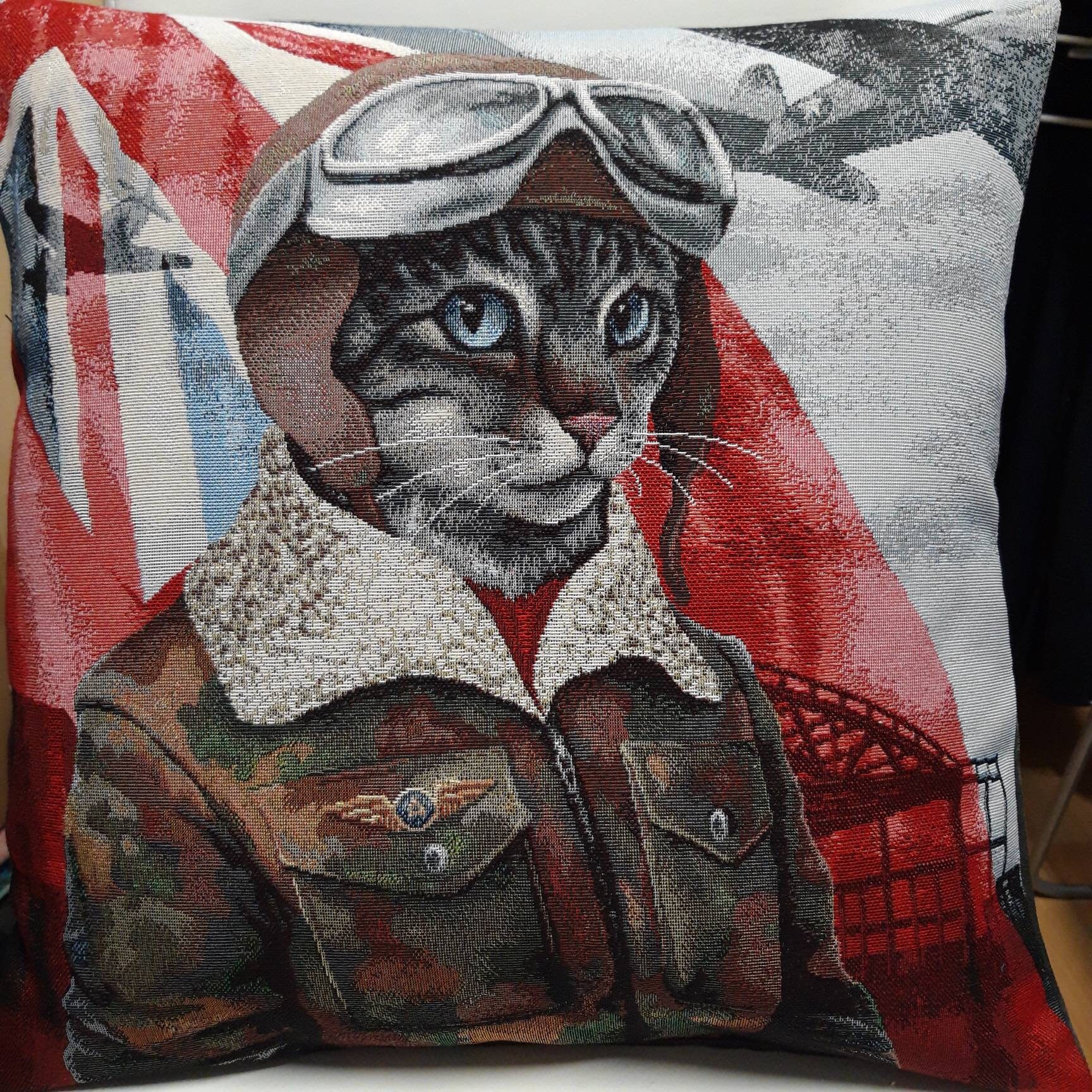 Housse de Coussin Tapisserie Jacquard Chat Aviateur 45x45 cm Déco d'intérieur - Déco Crémaillère Ann