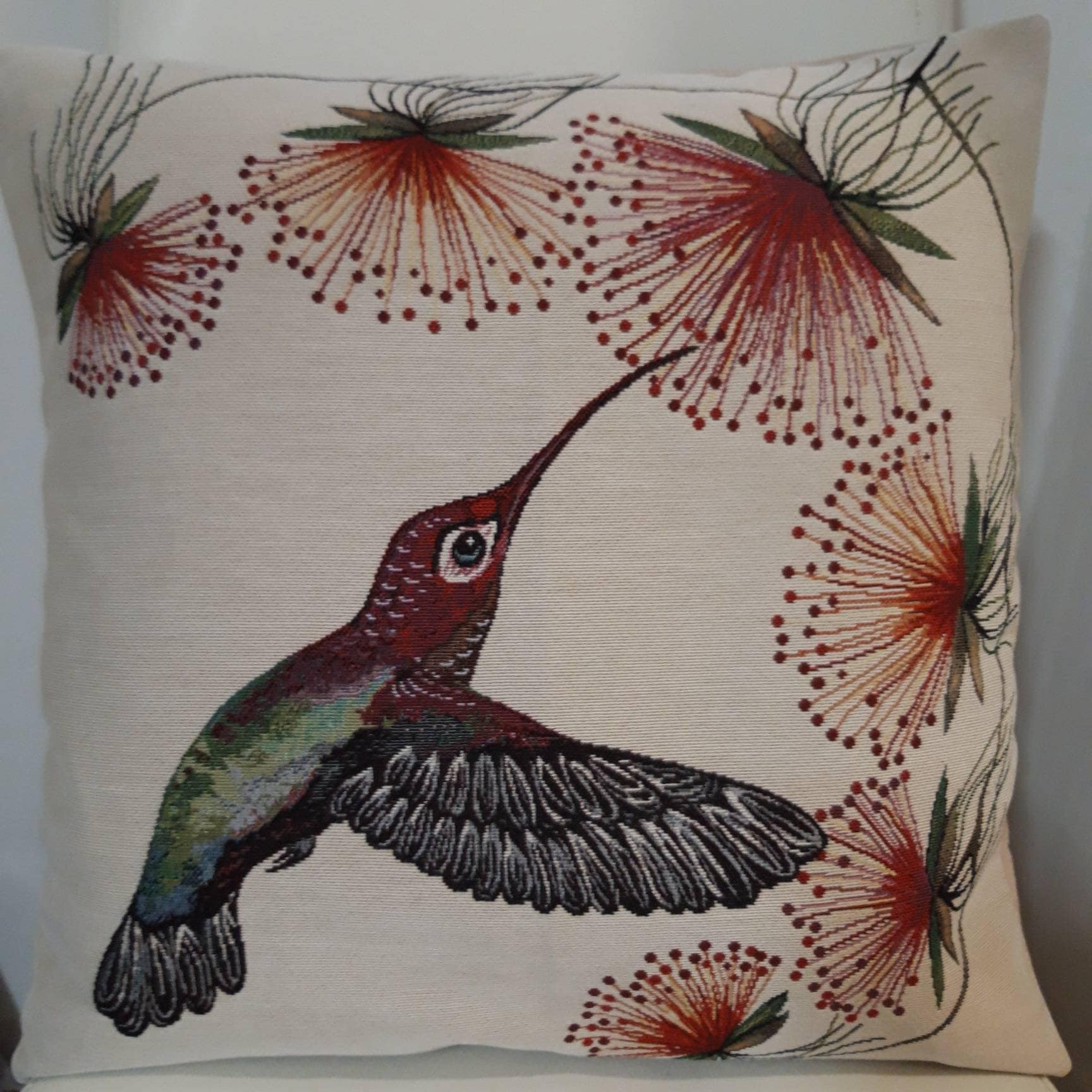Housse Coussin Tapisserie Jacquard Colibri Décor Exotique 45x45 cm. Déco d'intérieur Tendance - Déco