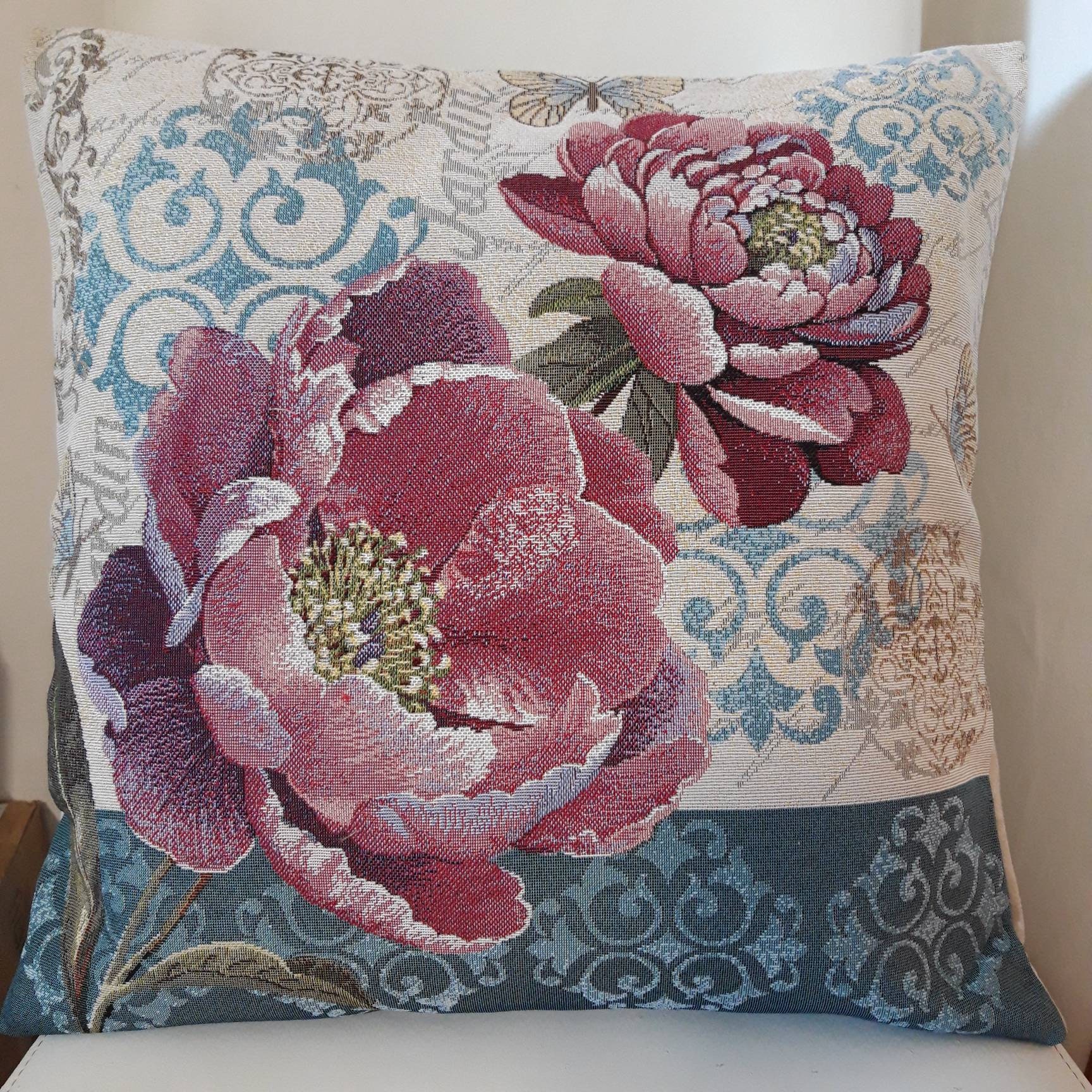 Housse de Coussin Tapisserie Jacquard Crème Pivoines Roses 45x45 cm. Déco d'intérieur Tendance - Déc