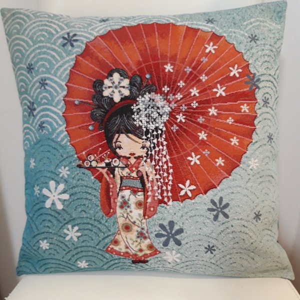 Housse de coussin tapisserie jacquard geisha ombrelle 45 x 45 cm. Deco d'intérieur tendance - crémaillère - anniversaire