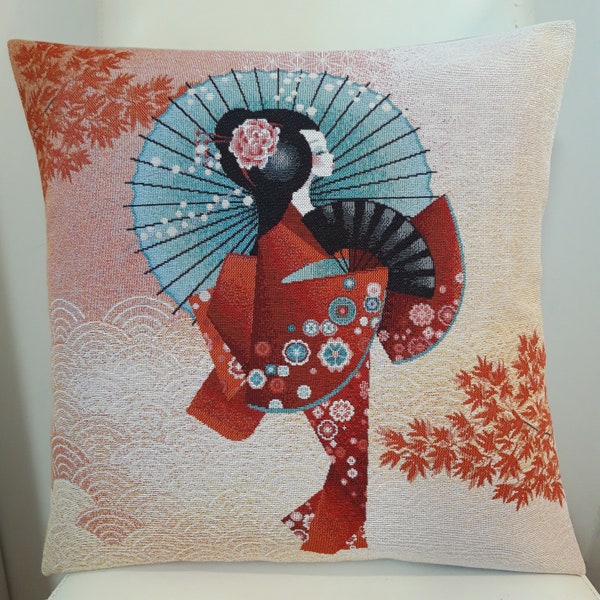 Housse de coussin tapisserie jacquard geisha ombrelle n2 45 x 45 cm. Deco d'intérieur tendance - crémaillère - anniversaire