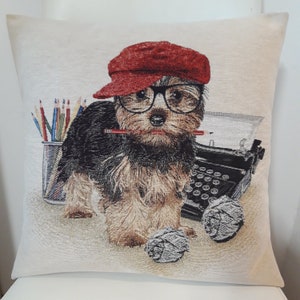 Jacquard tapestry cushion cover Yorkshire journalist dog 45x45 cm. Interior decoration - decorative cushion - housewarming - birthday