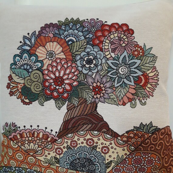 Housse De Coussin Recto-Verso 45×45 Cm – Tapisserie Arbre De Vie – Écru Et Mauve – Crinolines Et Pomponettes