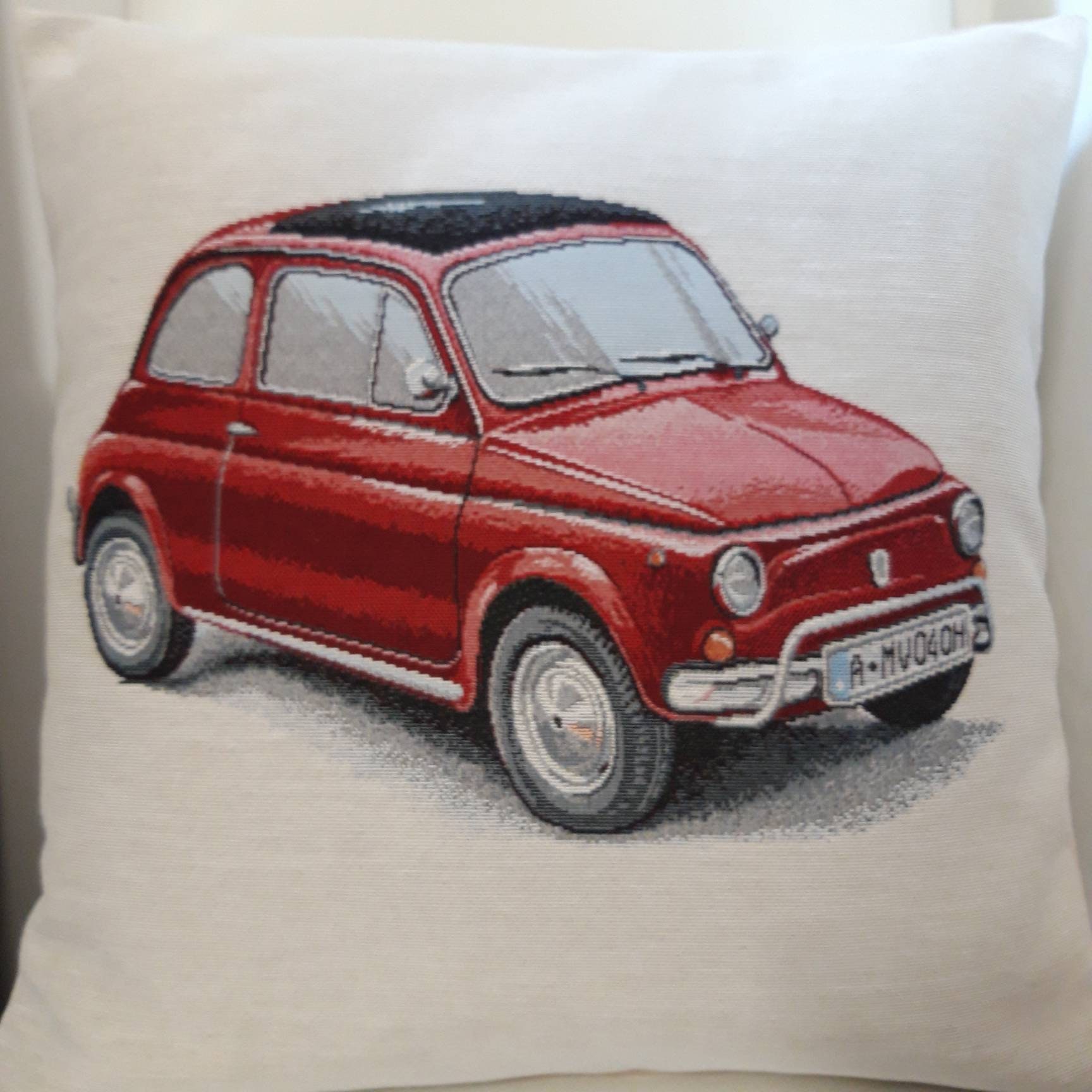 Housse de Coussin Tapisserie Jacquard Motif Placé Voiture Fiat 500 45x45 cm. Déco d'intérieur Tendan