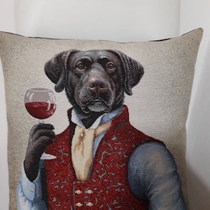 Oenologist dog jacquard tapestry cushion cover 45x45 cm. Trendy decor - decorative cushion - housewarming - birthday