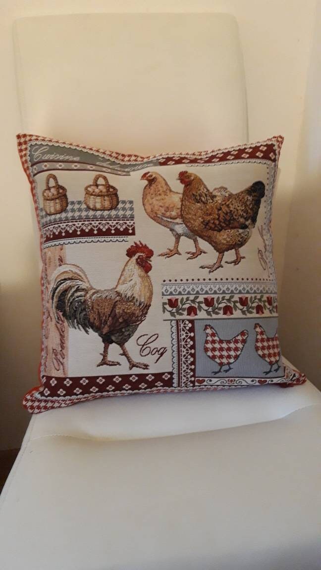 Housse de Coussin Tapisserie Jacquard Poules et Coq 45x45 cm. Déco d'intérieur Tendance - Déco Créma
