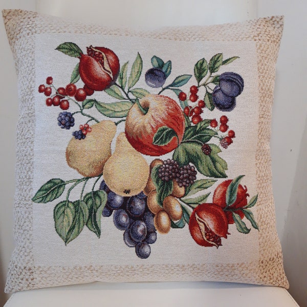 Housse de coussin jacquard "Fruits de saison" 45 x 45 cm. Deco d'intérieur tendance - coussin déco - crémaillère - anniversaire