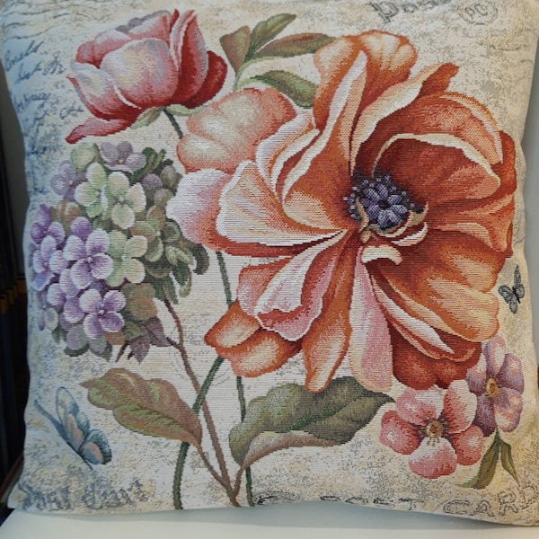 Housse de coussin tapisserie jacquard bouquet printanier 45x45 cm. Deco d'intérieur tendance - coussin déco crémaillère - anniversaire