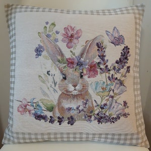 Cream jacquard tapestry cushion cover with placed motif rabbit and flowers 45x45 cm. Trendy interior decoration - housewarming - birthday