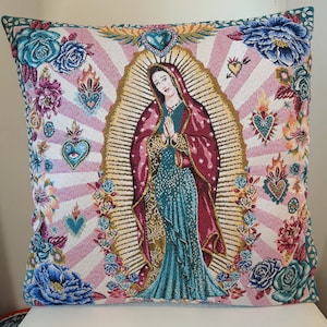 Housse de coussin tapisserie jacquard Madone de Guadalupe rose 45x45 cm Déco intérieur tendance - coussin déco - crémaillère - anniversaire